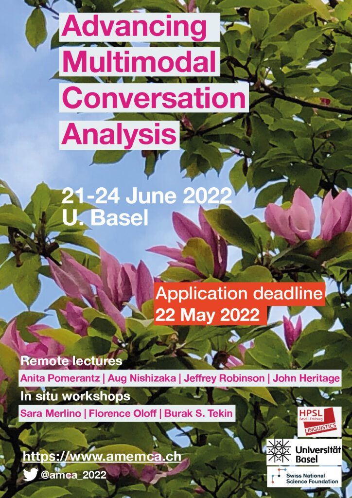 Poster for Advancing Multimodal Conversation Analysis: 21-24 June, 2022, University of Basel, Application deadline 22nd May 2022